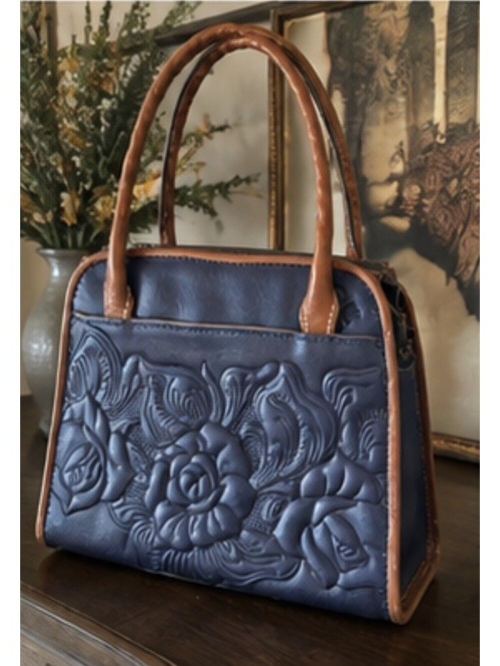Patricia Nash Paris Satchel Mirage Blue Rose Tooled Leather Top Handle Carry